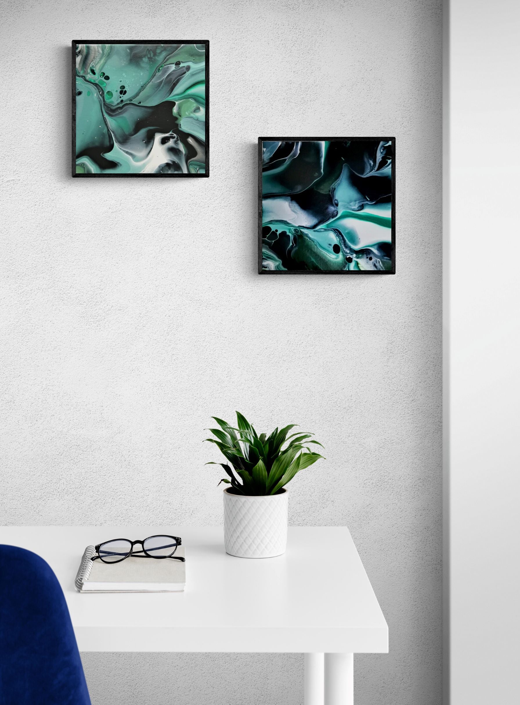 2 framed prints 30x30 in a bright minimal home office