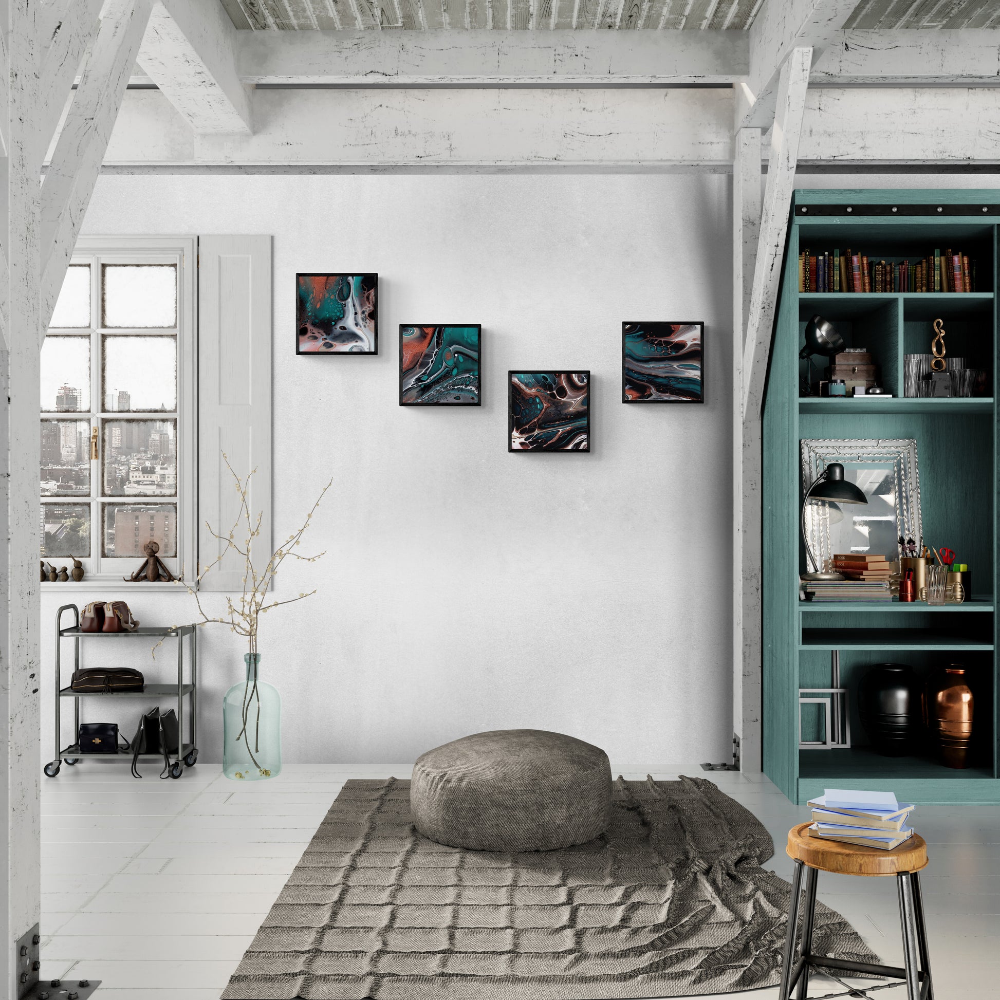 4 framed prints 30x30 cm in a rustic loft living room