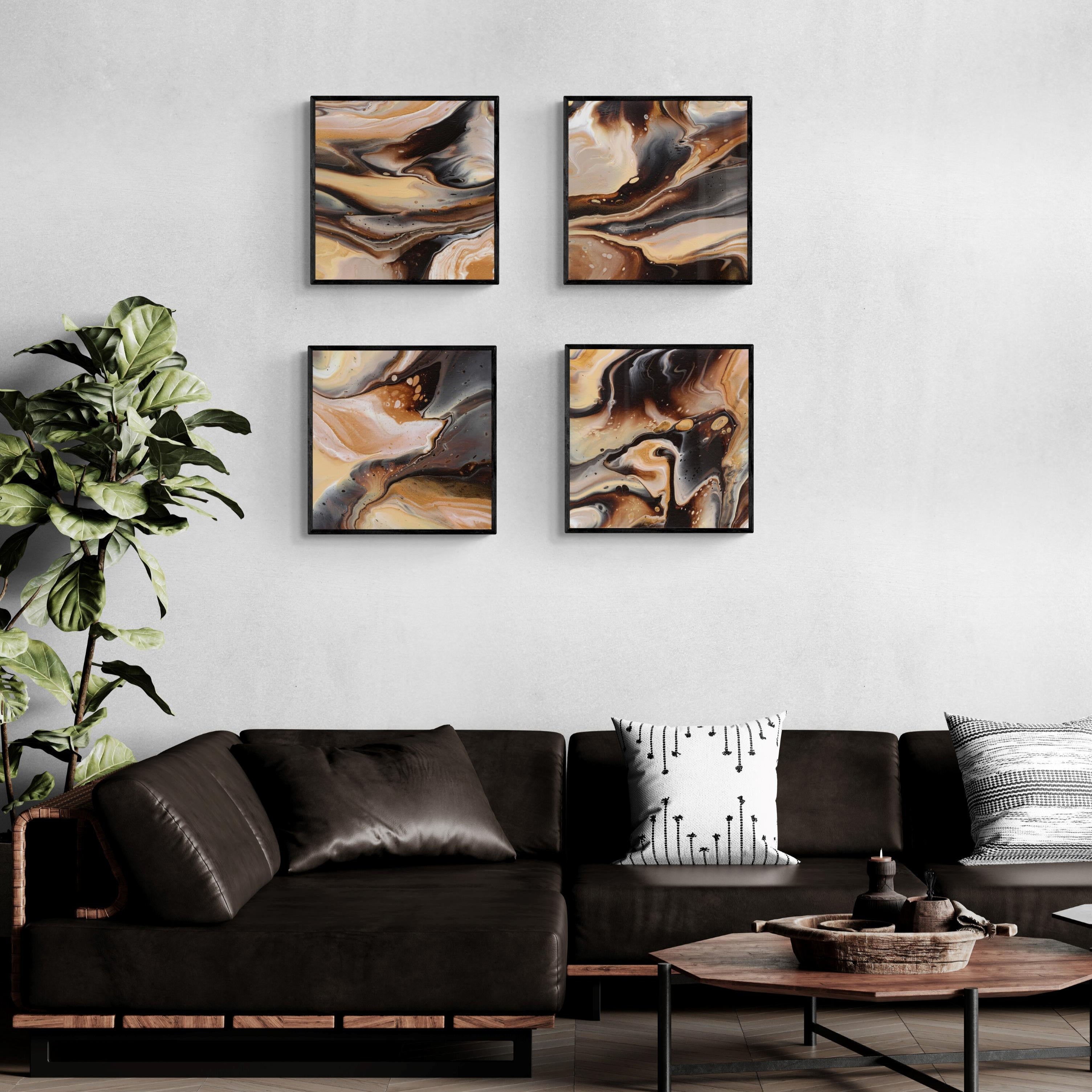 4 comforting-chocolate-caramel-canvas prints in black frame on wall over-large-leather-corner-sofa-in-lounge