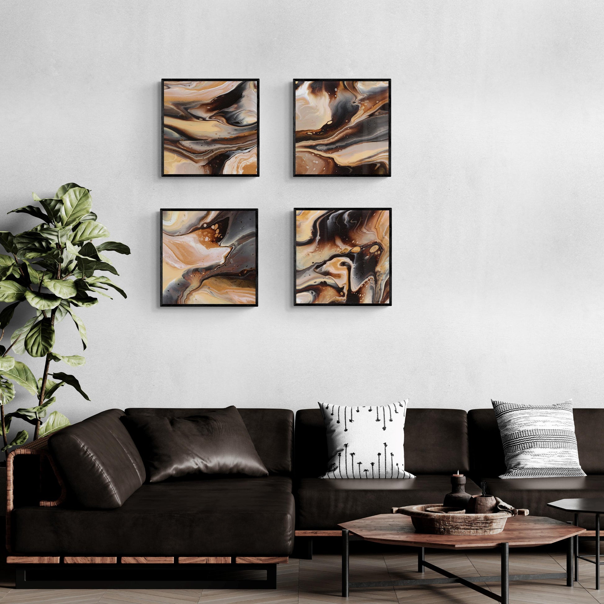 4 framed prints 50x50 cm over a large leather corner sofa 