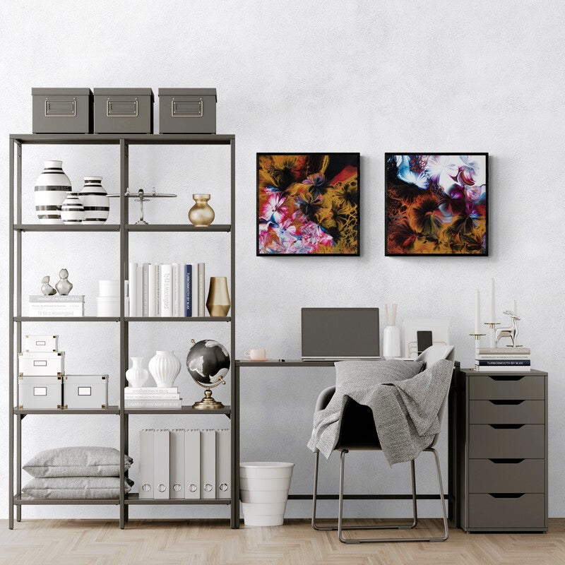 2 abstract floral framed prints 50x50 cm in a home office with desk and shelving