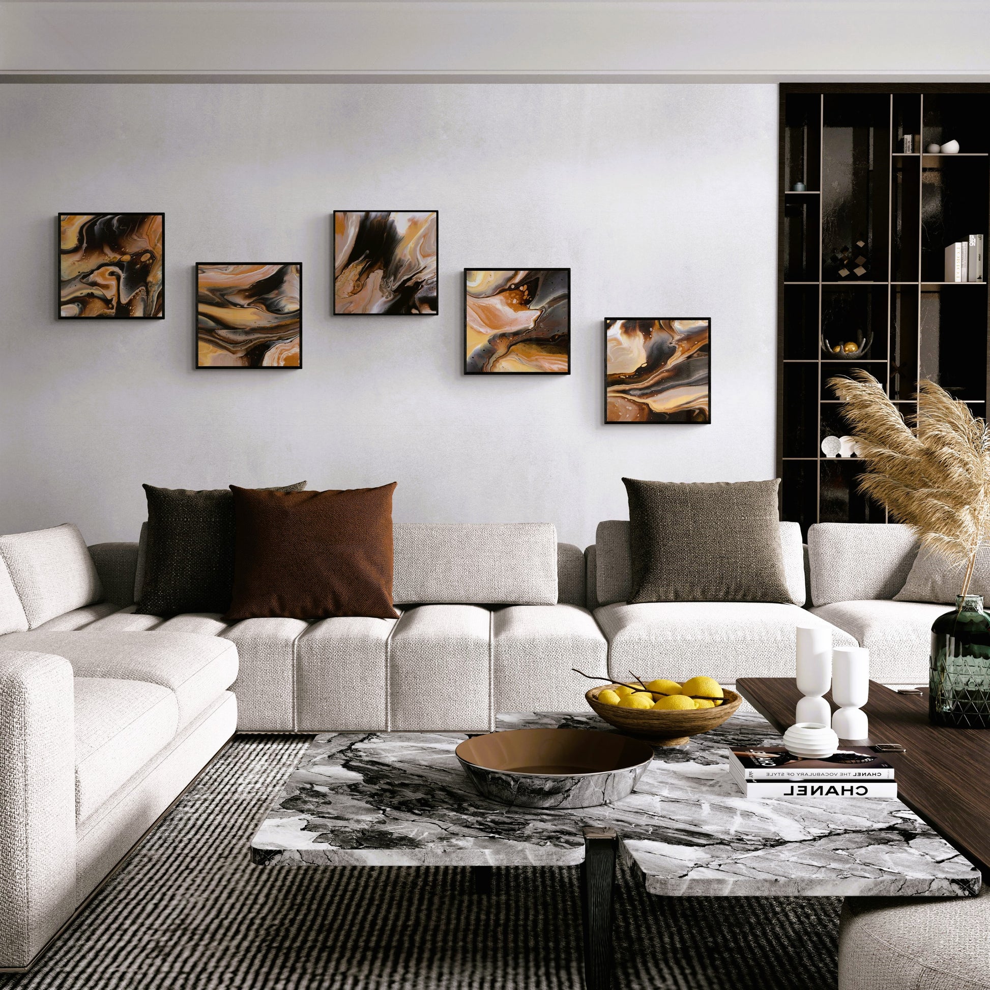 5 framed prints 50x50 cm in a modern living with a corner sofa