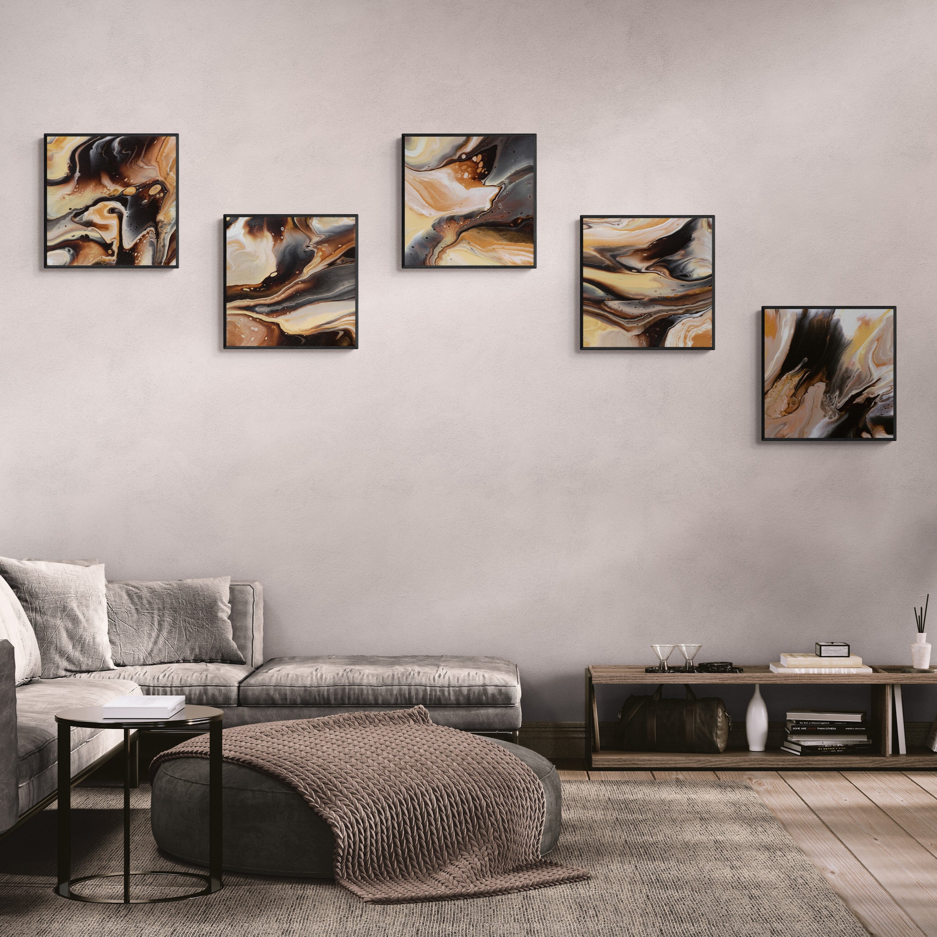 NL Modern Art Canvas Prints comforting-chocolate-caramel-1-2-3-4-5-in-black frame on wall in large-open-living-room