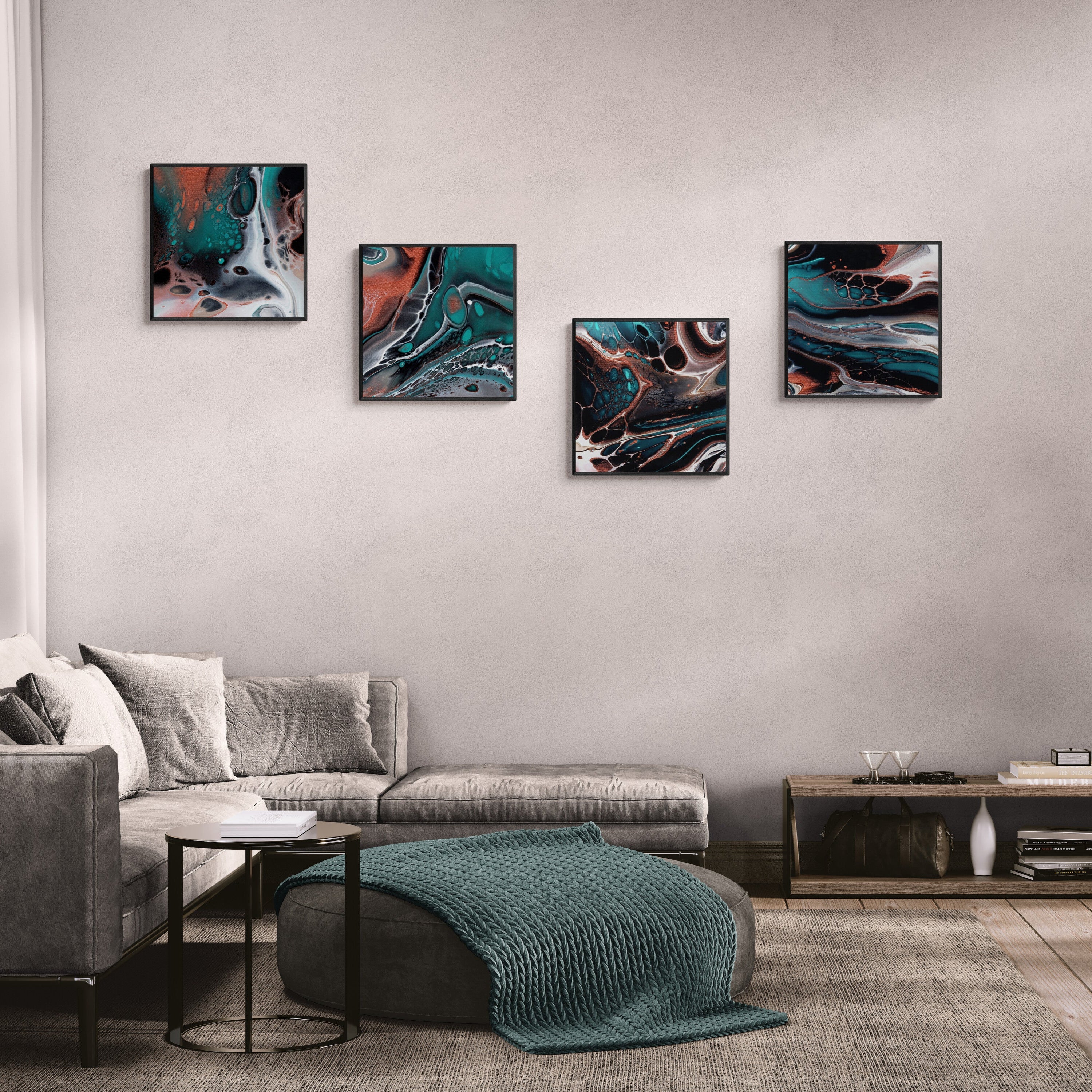 4 Healing Teal canvas prints in black frame in large-open-living-room