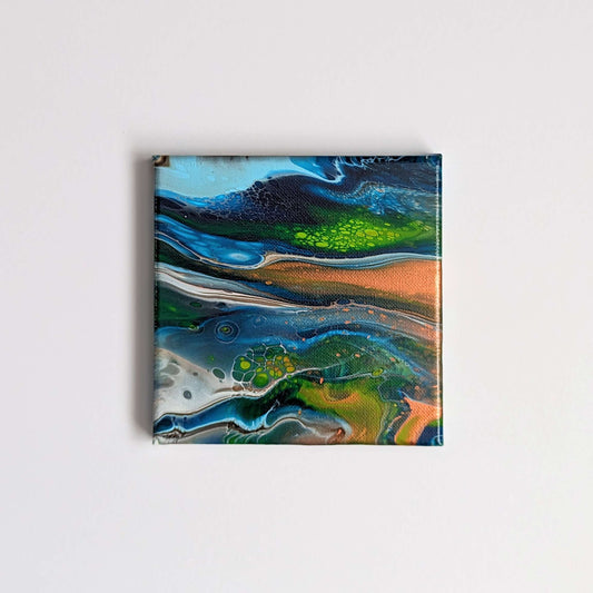 Frontal view of mini original abstract artwork painted on 6x6”/ 15x15cm canvas. 