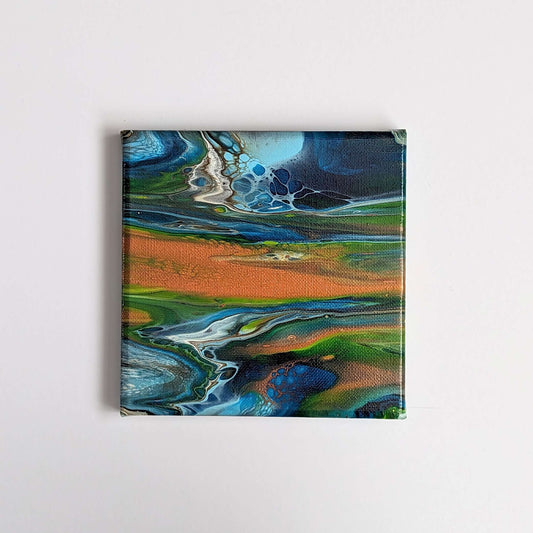 Frontal view of mini original abstract artwork painted on 6x6”/ 15x15cm canvas.