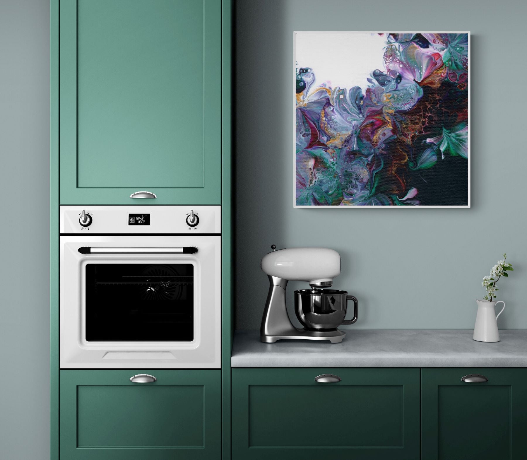 a 70x70 cm abstract floral framed print over a kitchen cabinet and appliances