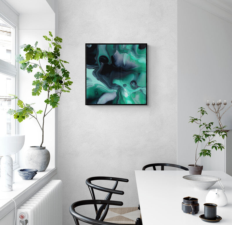 a 70x70 cm framed print in a bright apartment dining room