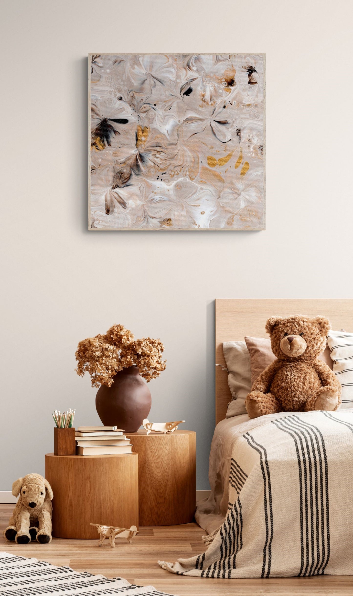 a 70x70 framed print in soothing neutral tones in a cosy natural bedroom