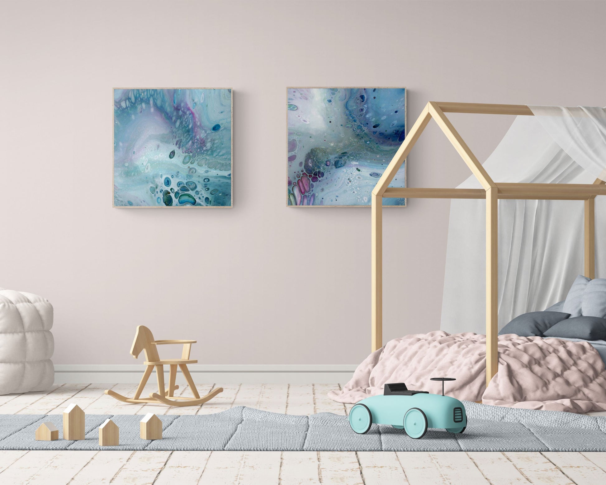 2 framed prints 70x70 cm in pastel tones in a children's bedroom with canopy bed and toys