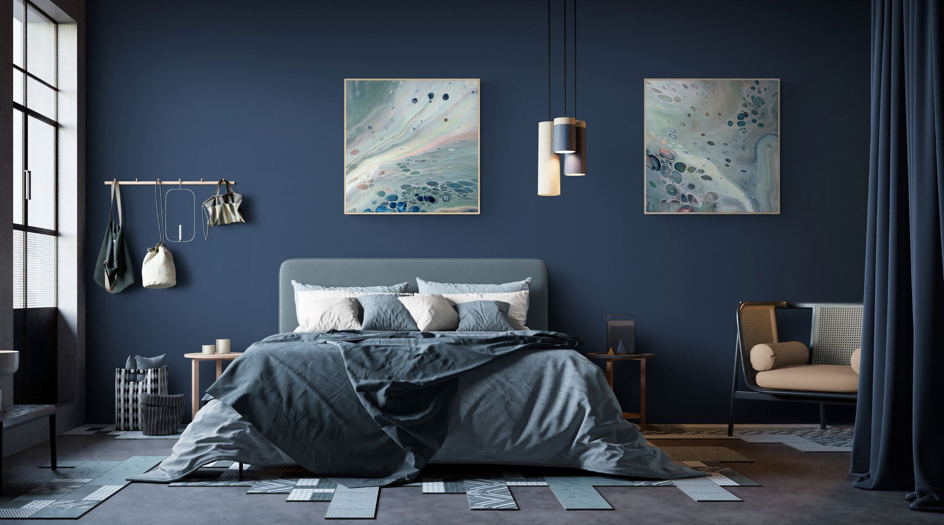 2 70x70 cm framed prints in pastel tones in a stunning industrial loft bedroom