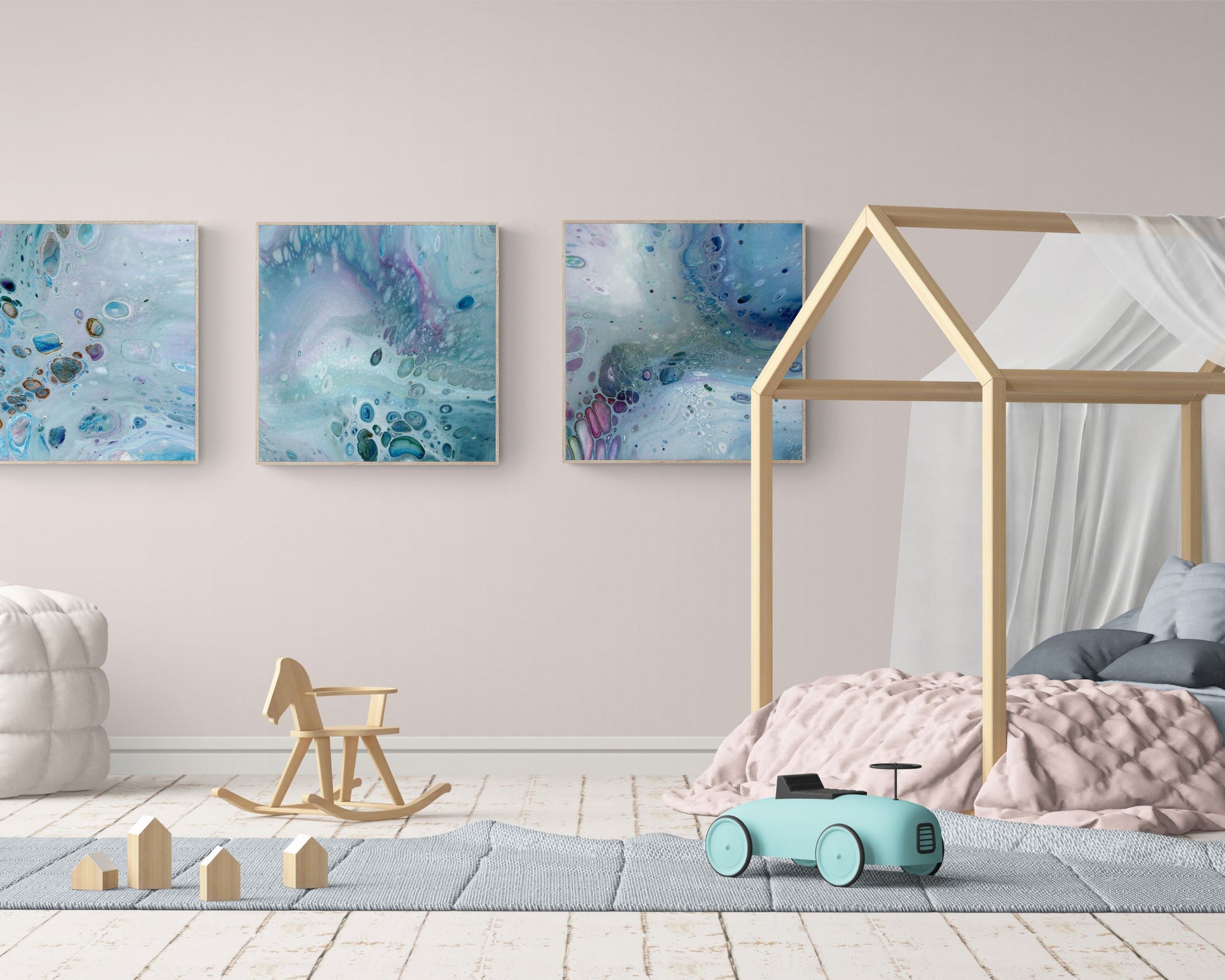 3 framed prints 70x70 cm in pastel tones in a children's bedroom with canopy bed and toys 