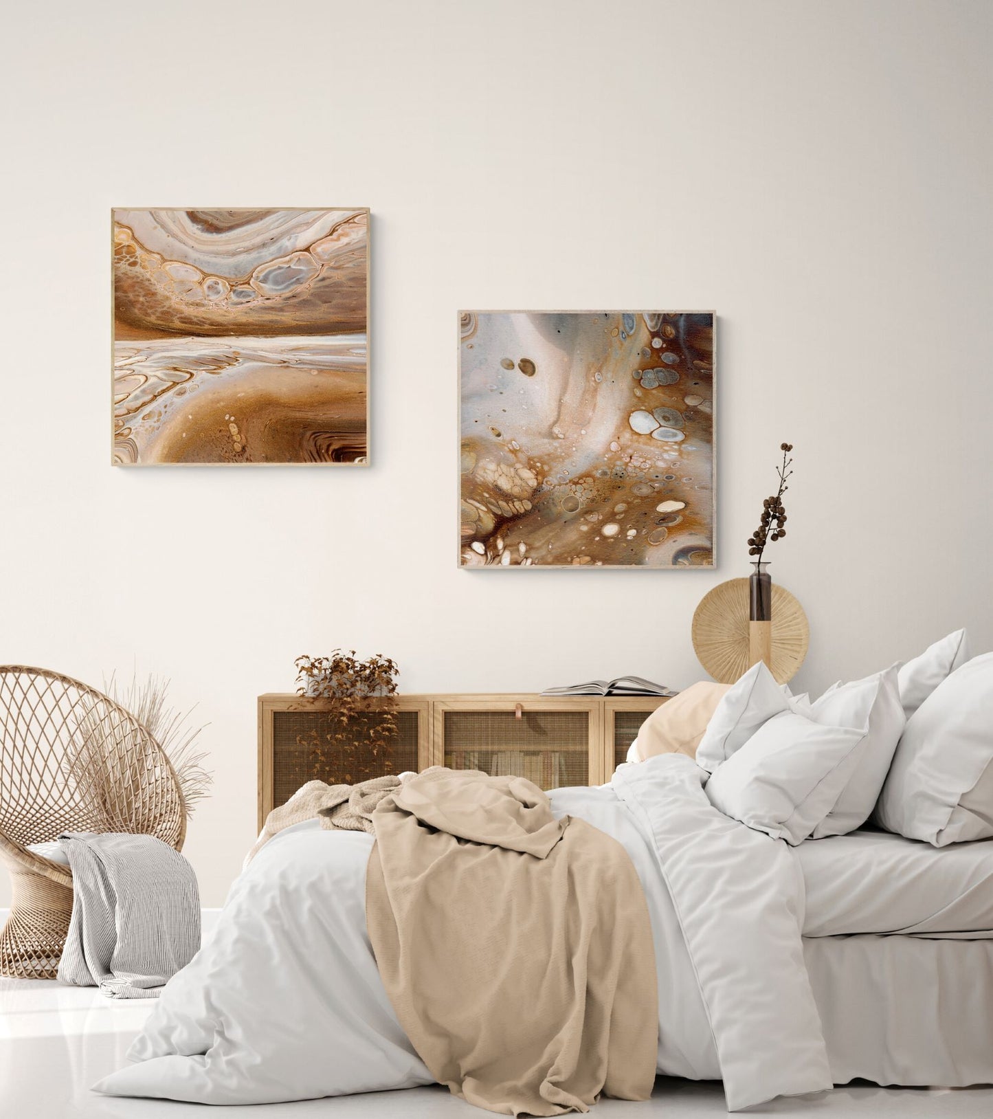 2 framed prints 70x70 cm in soothing neutral tones in a bedroom with natural wooden furniture