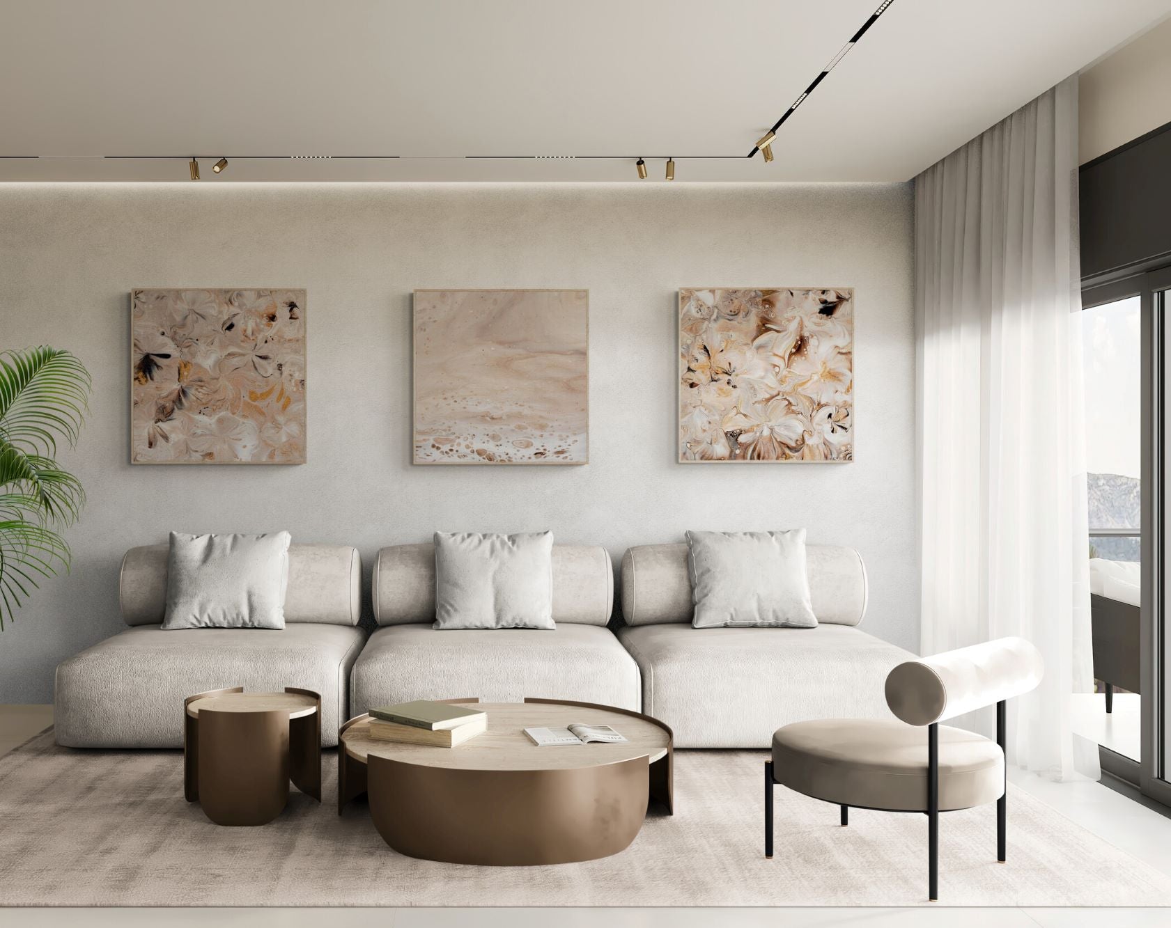 3 framed prints 70x70 cm in soothing neutral tones in a stylish bright living room