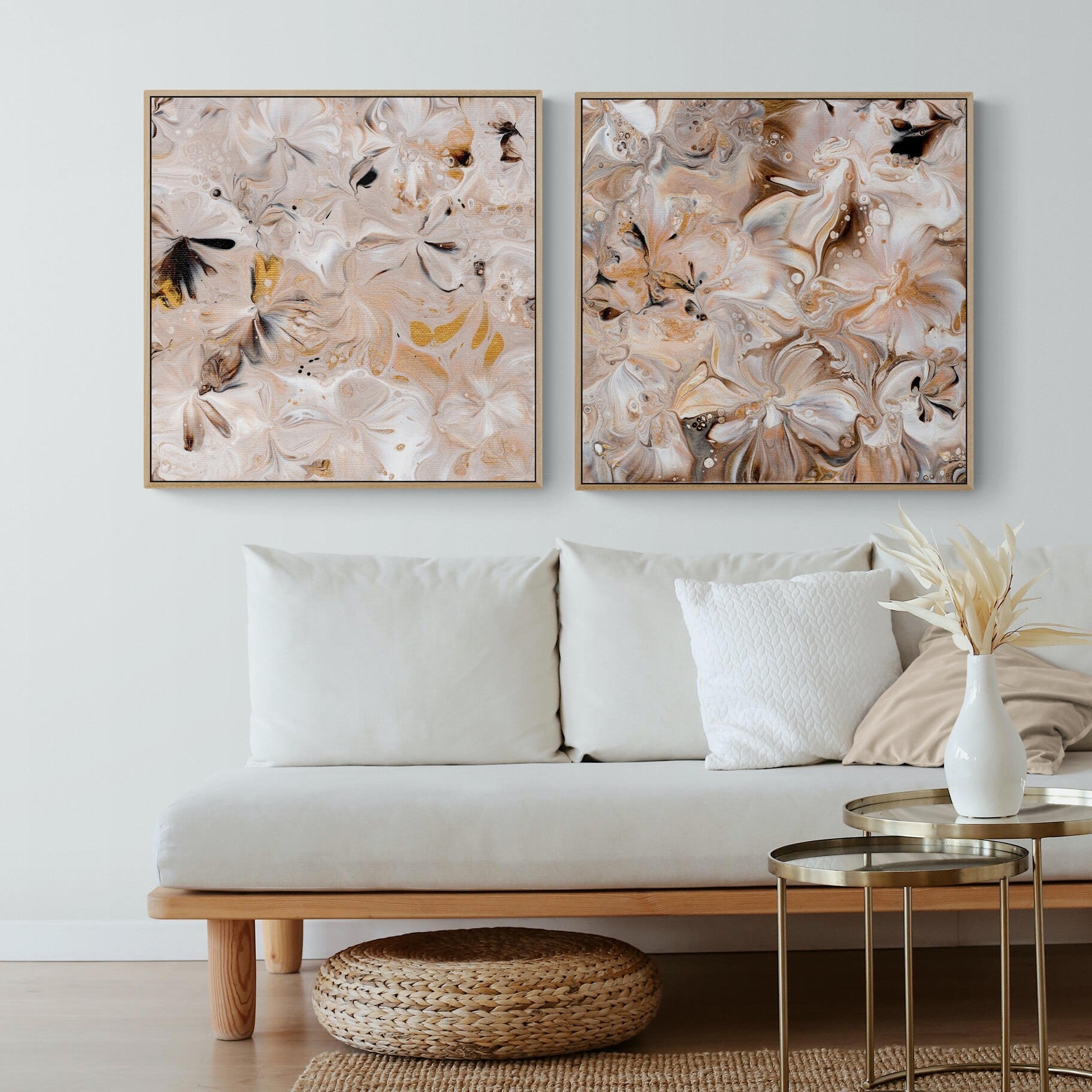 NL modern art-art-prints-soothing-neutrals-3-and-4-in-small-living-room-space-with-natural-tones-oak-frame