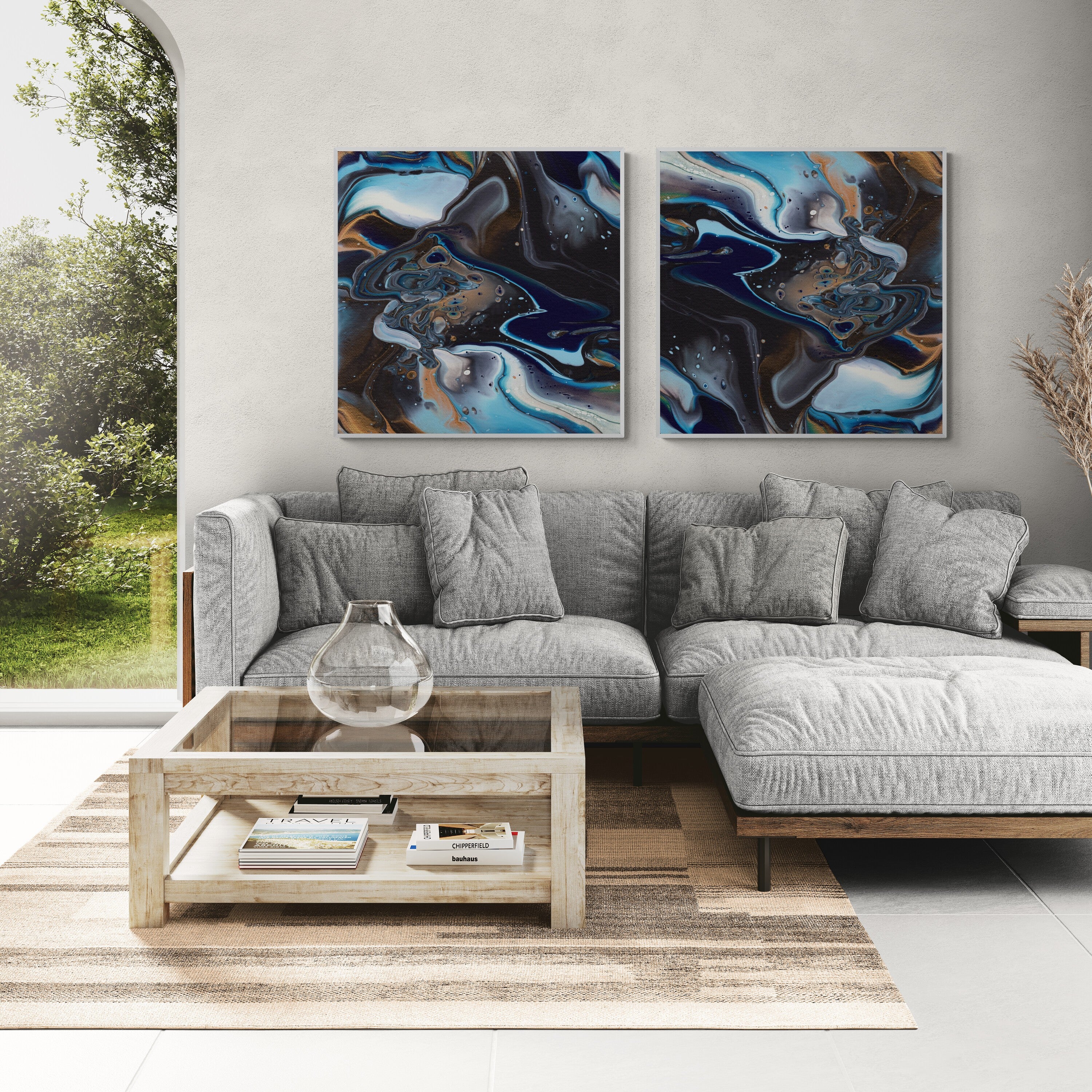 NL modern art-canvas-print-deep-passion-1-and-2-on-wall-in-living-room-with-comfy-sofa-and-window-views-white-frame