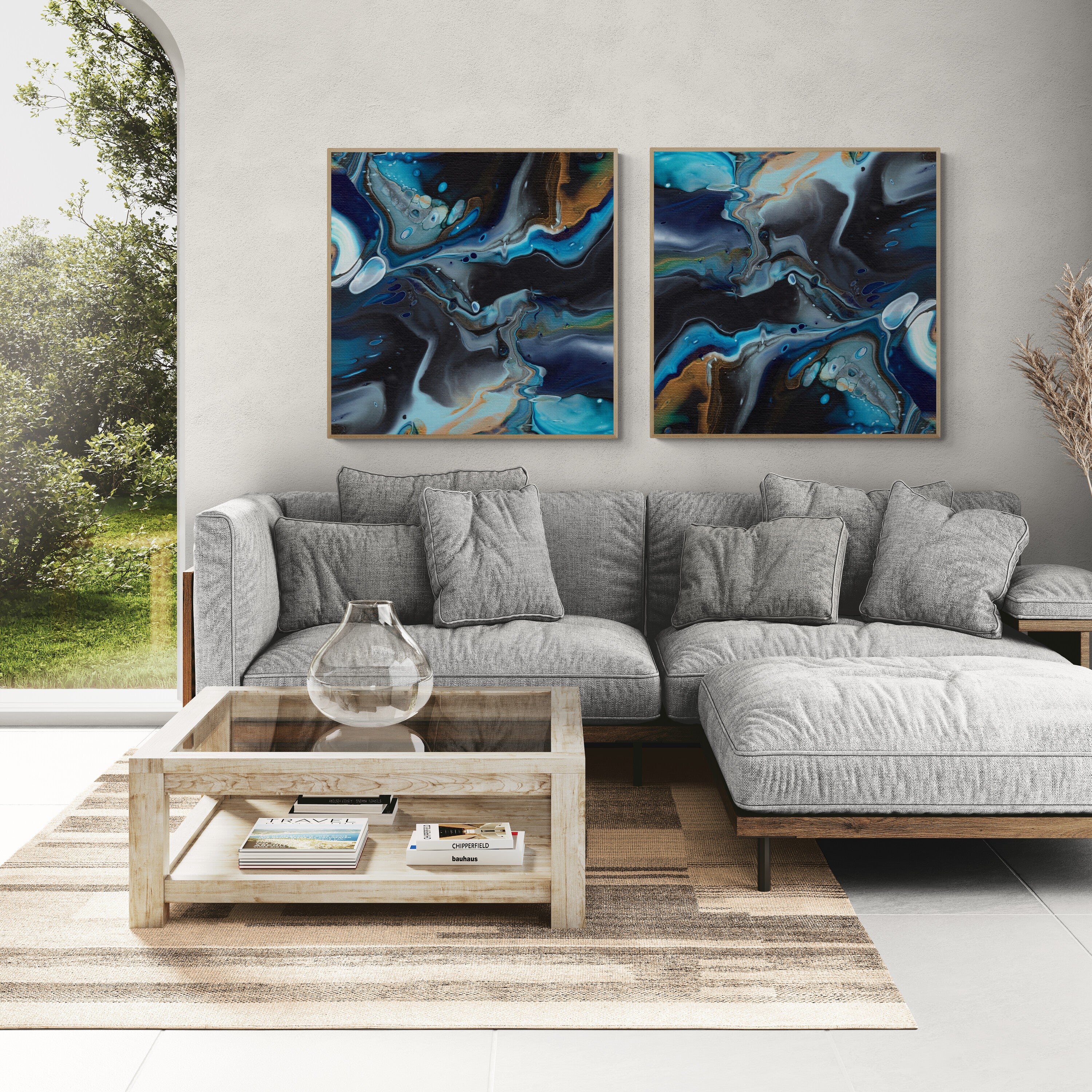 NL modern art-canvas-print-deep-passion-6-and-7-on-wall-in-living-room-with-comfy-sofa-and-window-views-oak-frame