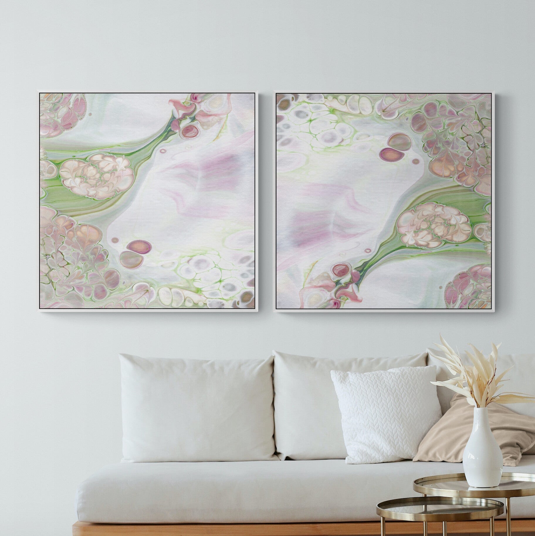 NL Modern Art Canvas Print gentle-tenderness-4-and-5-in white frame on wall in-small-living-room-space-with-natural-tones