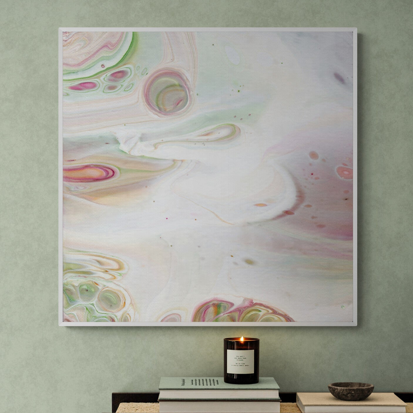 NL Modern Art Canvas Print gentle-tenderness-6-in white frame on wall in minimal-room-with-a-modern-console-table