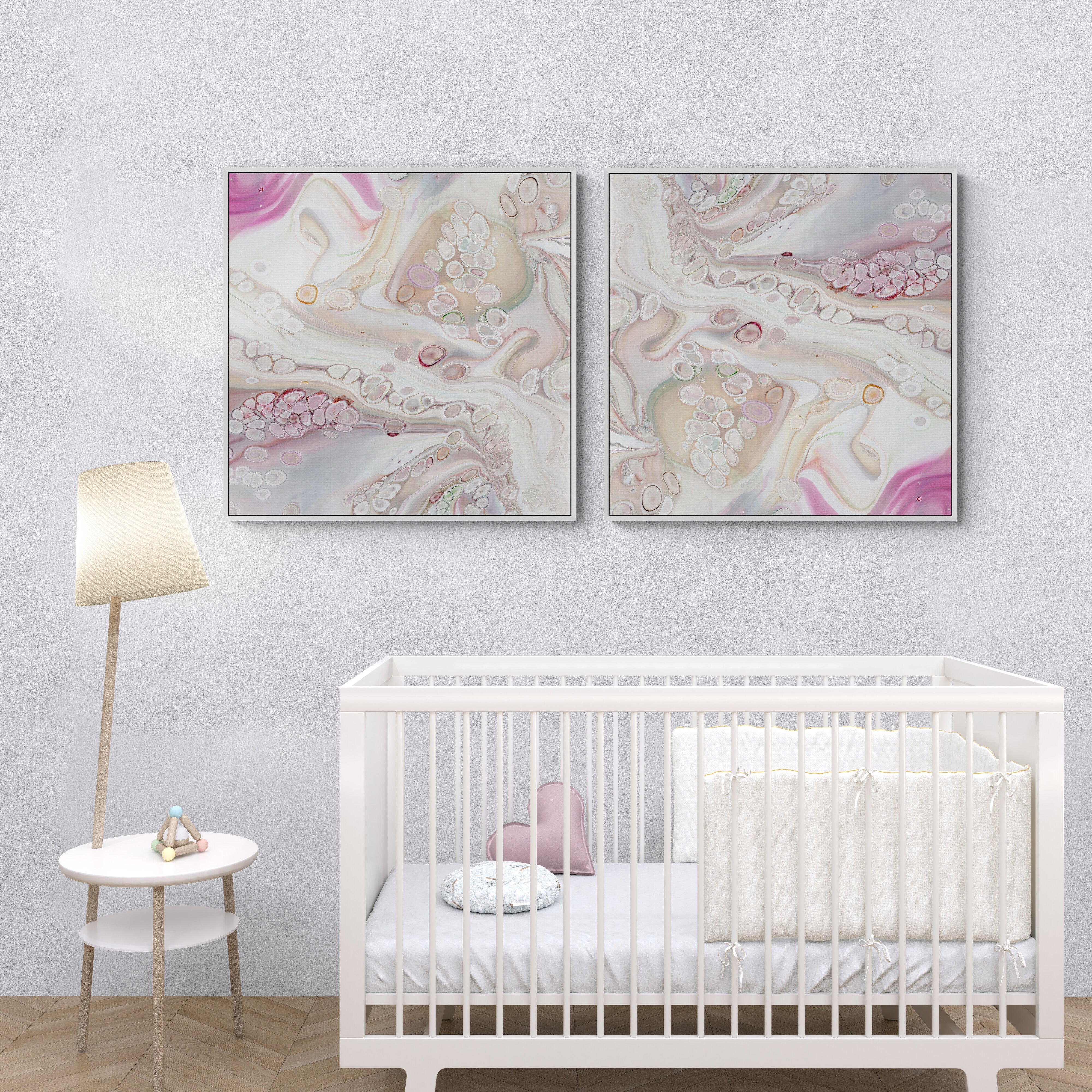 NL Modern Art Canvas Print soft-tenderness-1-and-2-in white frame on wall in nursery-room-with-cot-and-table