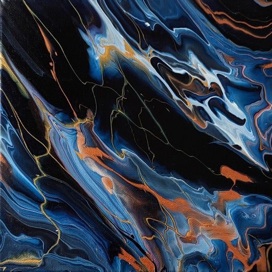 Close-up of original abstract painting made with Prussian blue and gold professional grade acrylic paint.