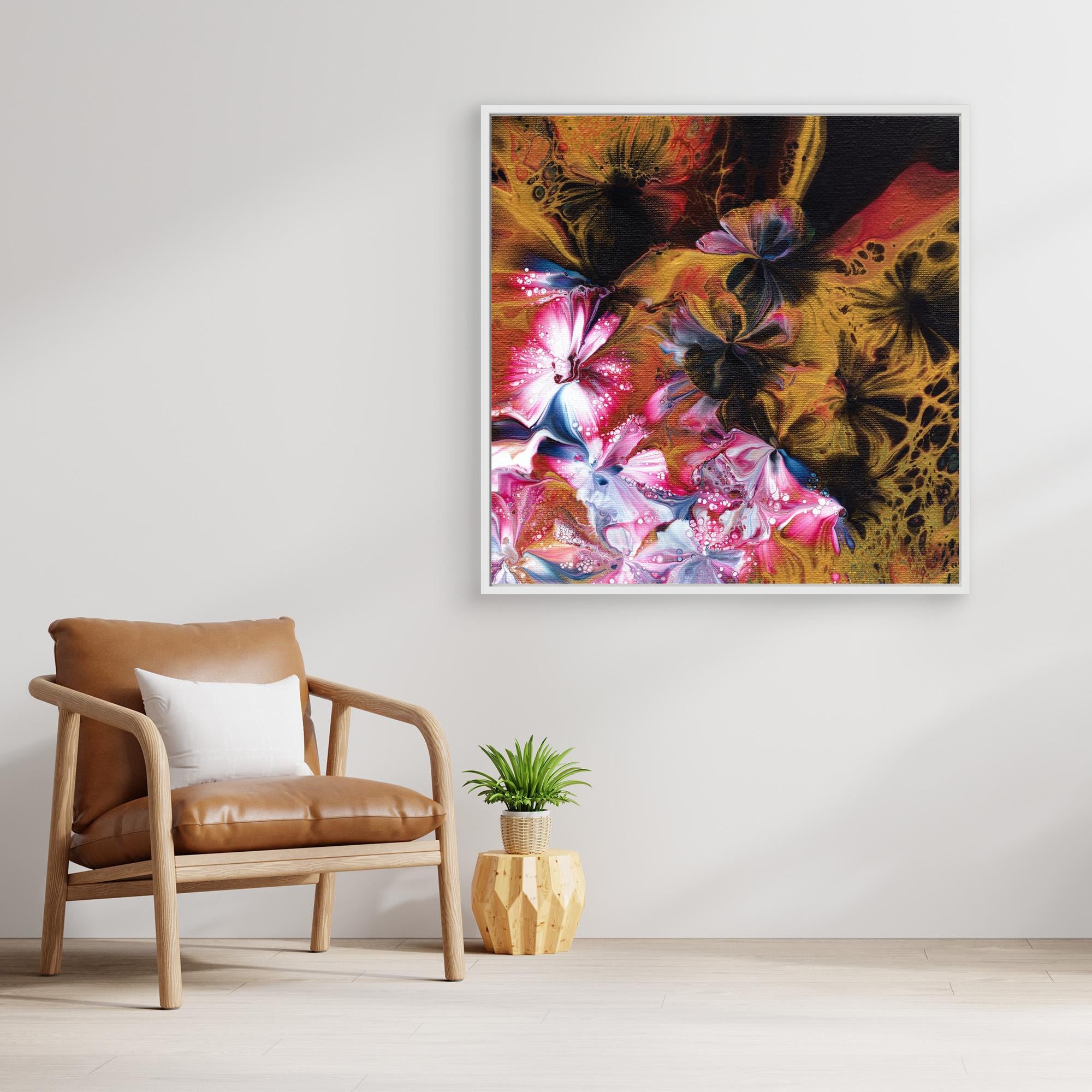 NL Modern Art Wall Art Canvas Print Abstract Floral 5 in white frame next to comfy chair and small plant