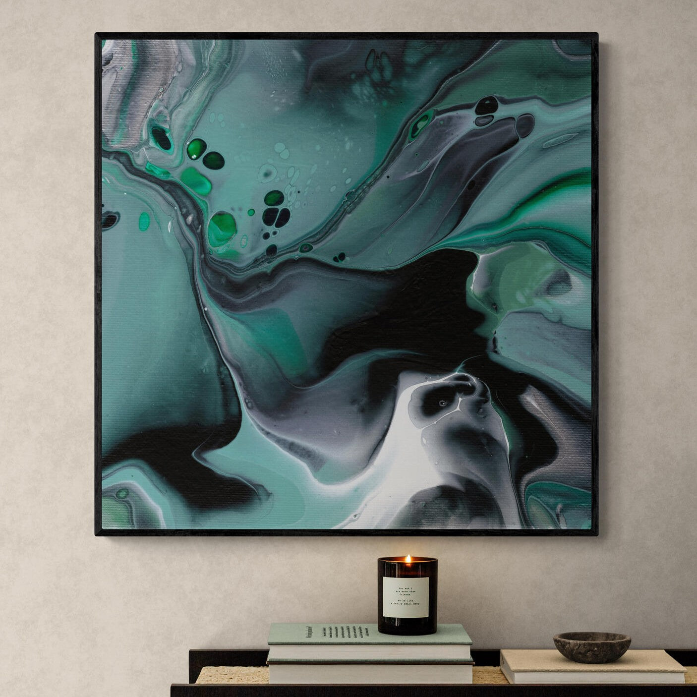 NL modern art-art-print-manchester-uplifting-malachite-1-in-minimal-room-with-a-modern-console-table-black-frame