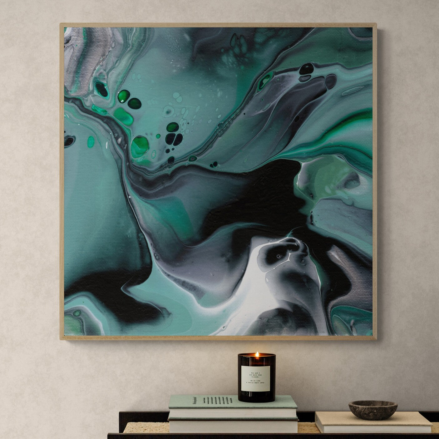 NL modern art-art-print-manchester-uplifting-malachite-1-in-minimal-room-with-a-modern-console-table-oak-frame