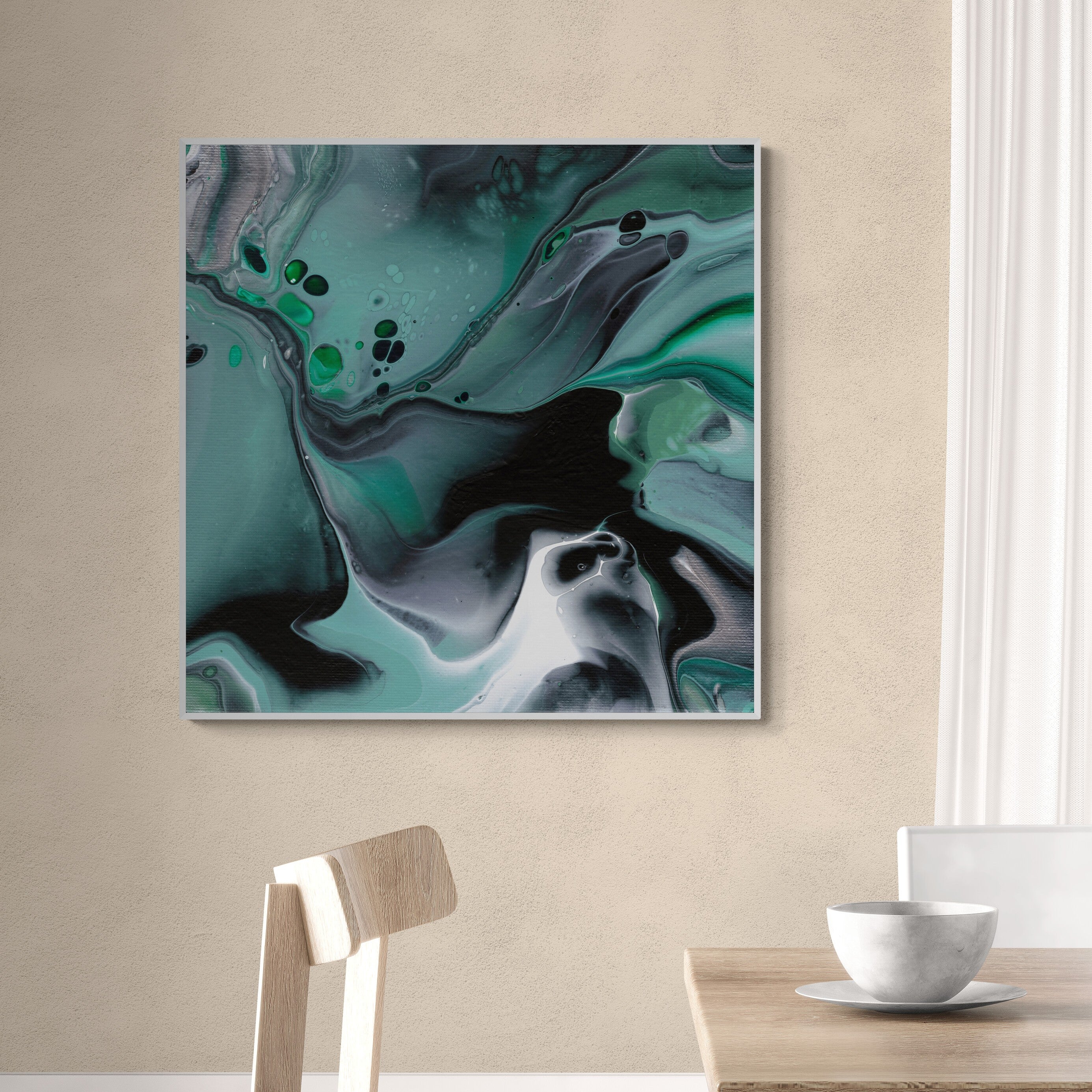 NL modern art-art-print-manchester-uplifting-malachite-1-on-wall-over-a-dining-table-and-chairs-white-frame