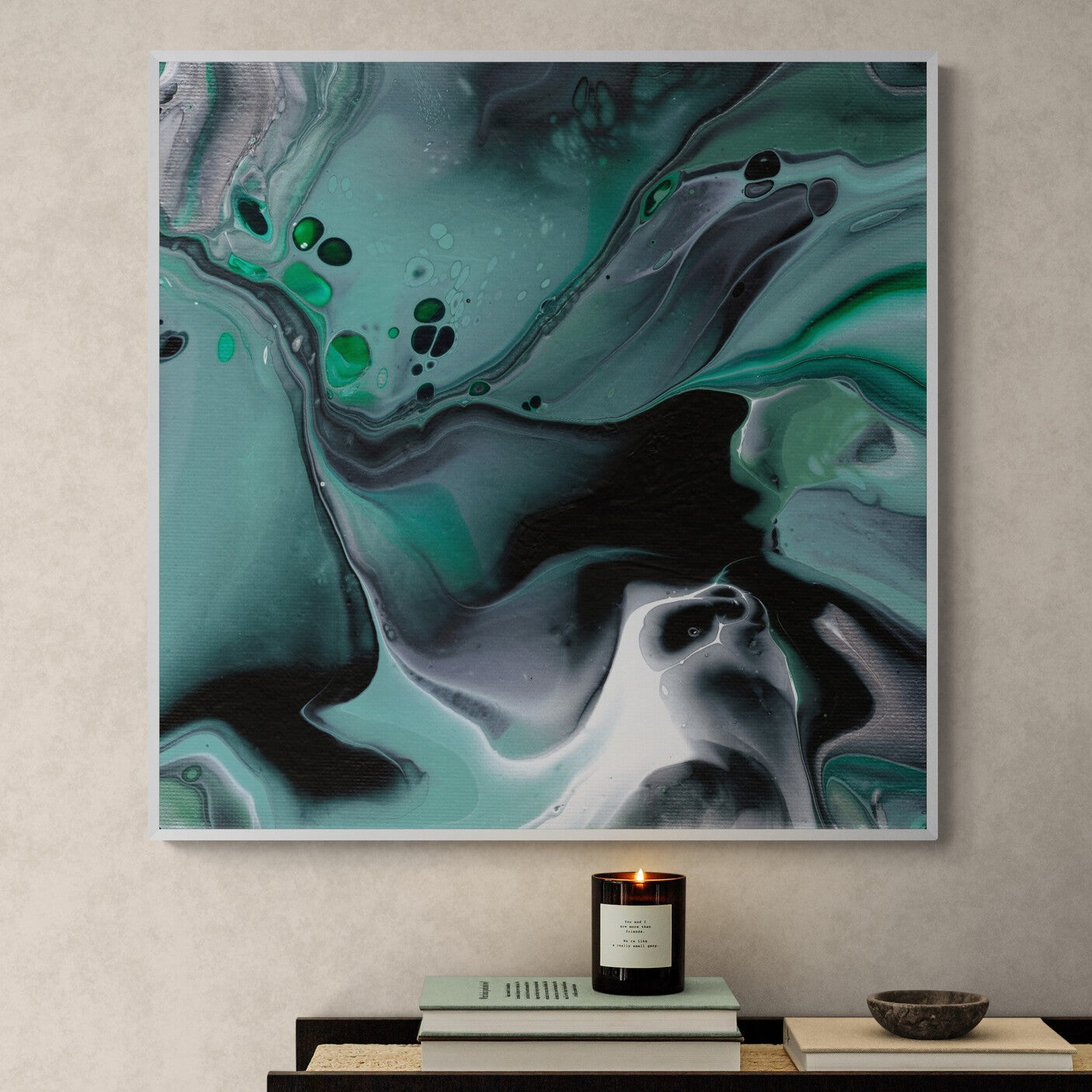 NL modern art-art-print-manchester-uplifting-malachite-1-in-minimal-room-with-a-modern-console-table-white-frame