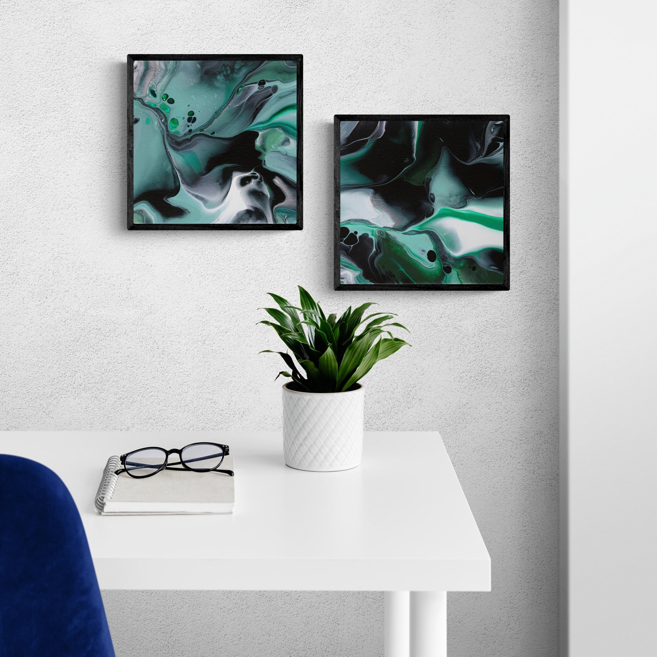 NL modern art-art-print-manchester-uplifting-malachite-1-and-2-in-bright-minimal-home-office-black-frame